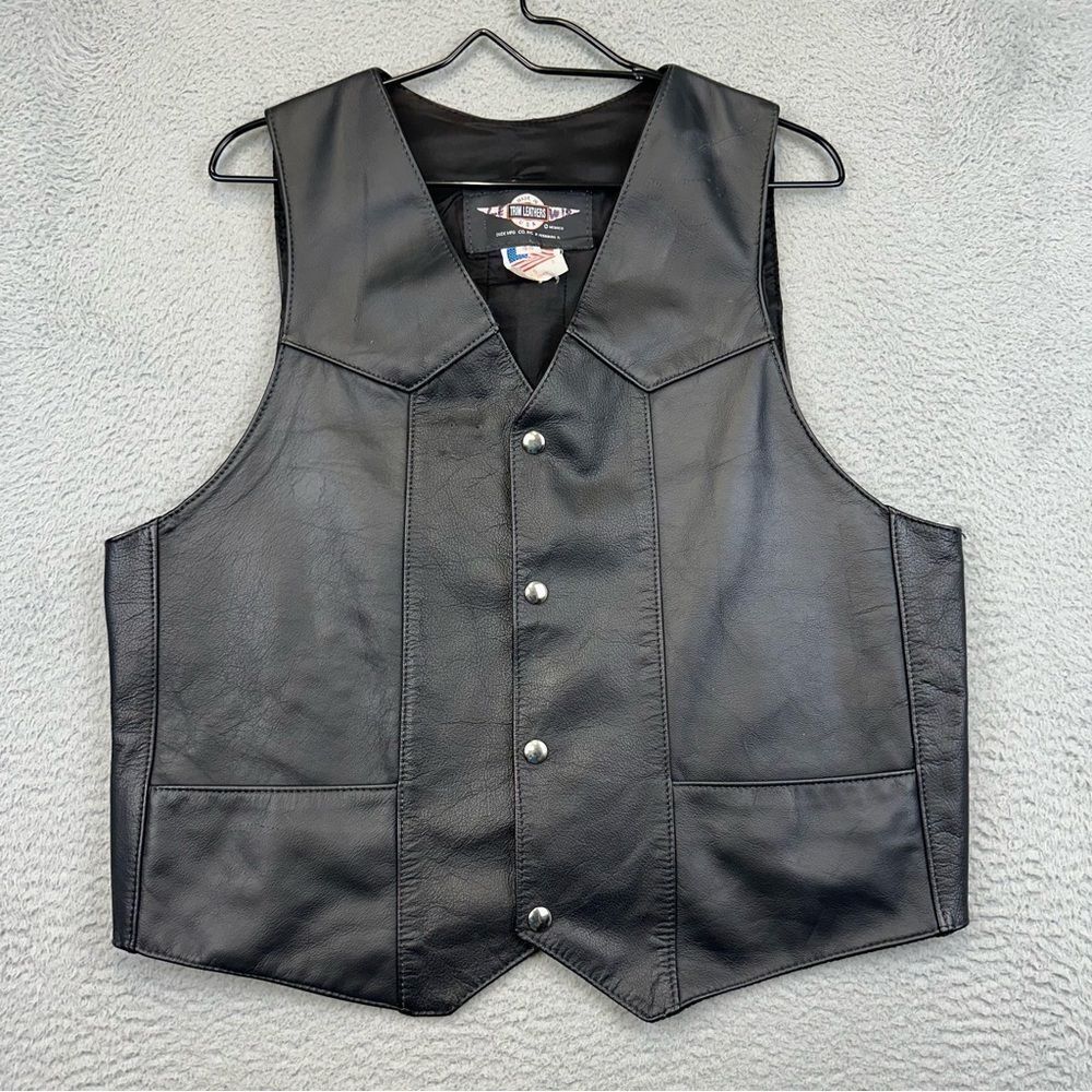 Trim Leather Motorcycle‎ Vest Adult 44 Black Snap Front Biker Riding Grunge Bike